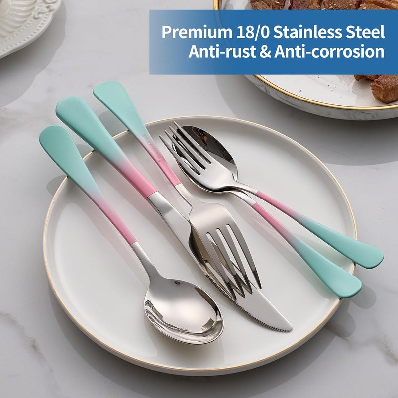 Moxinox 20-Piece pink & green Silverware Set,18/0 Stainless Steel Colorful Handle Flatware Set,Service for 4,Modern Cutlery Set Includes Dinner Knives Forks Spoons, Mirror Polished,Dishwasher Safe - Image 4