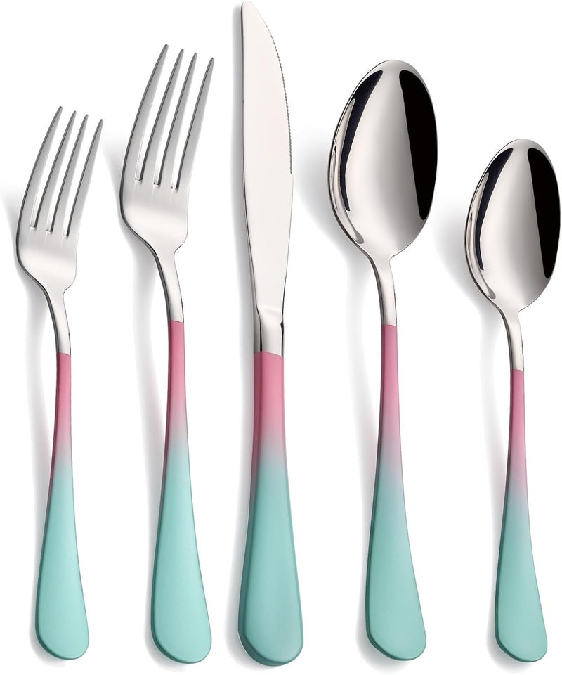 Moxinox 20-Piece pink & green Silverware Set,18/0 Stainless Steel Colorful Handle Flatware Set,Service for 4,Modern Cutlery Set Includes Dinner Knives Forks Spoons, Mirror Polished,Dishwasher Safe - Image 1
