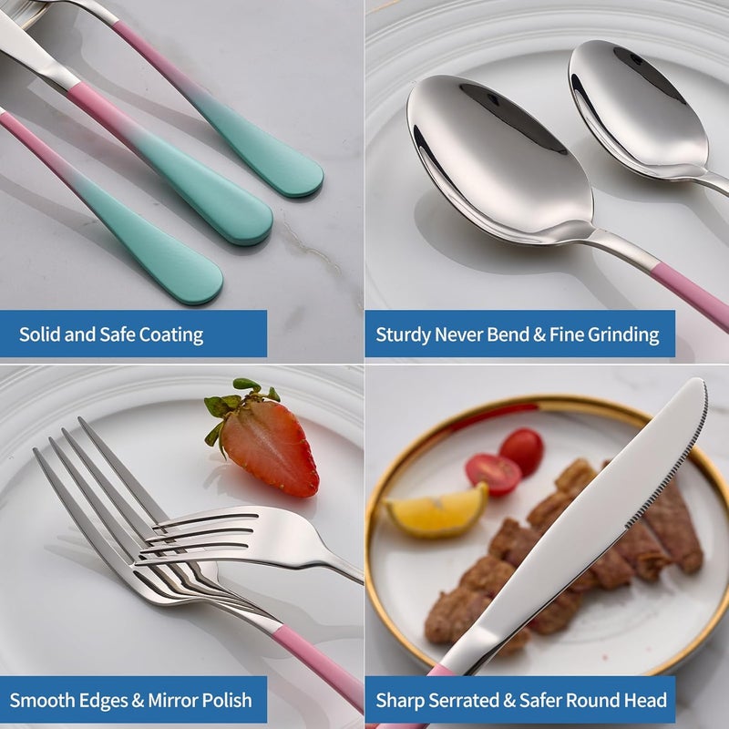 Moxinox 20-Piece pink & green Silverware Set,18/0 Stainless Steel Colorful Handle Flatware Set,Service for 4,Modern Cutlery Set Includes Dinner Knives Forks Spoons, Mirror Polished,Dishwasher Safe - Image 5