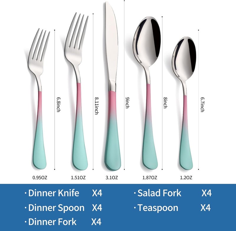 Moxinox 20-Piece pink & green Silverware Set,18/0 Stainless Steel Colorful Handle Flatware Set,Service for 4,Modern Cutlery Set Includes Dinner Knives Forks Spoons, Mirror Polished,Dishwasher Safe - Image 2