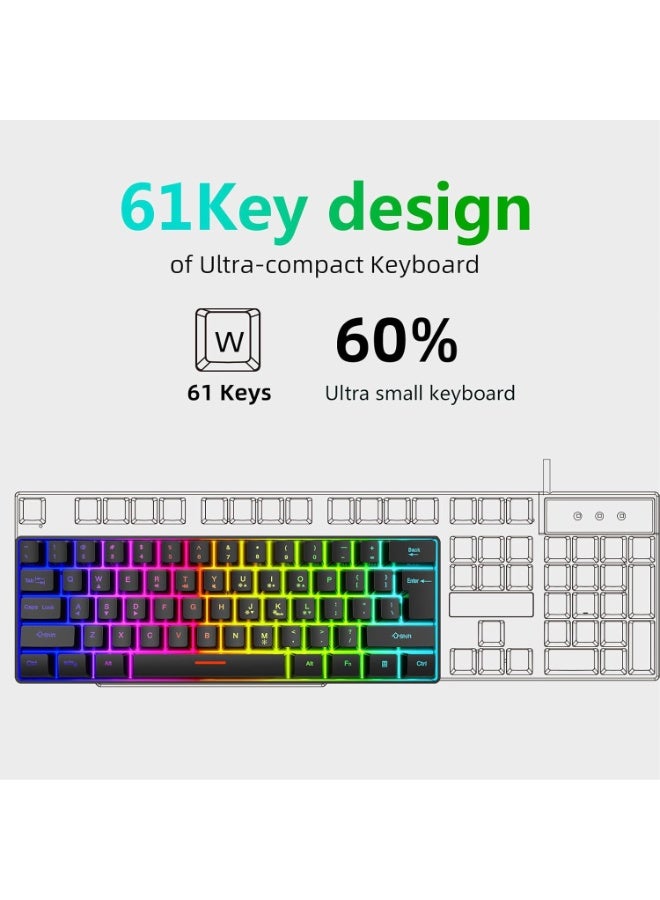 RGB Gaming Keyboard, 61 Key Usb Keyboard with 8 Backlight Colors, Curved Keycaps, Ergonomic Design, 2.4G Wireless, 10M Range, for W7, 8, 10, 11, Android - Image 2