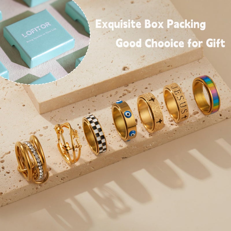LOFITOR Gold Fidget Rings for Anxiety 7pcs Stainless Steel Spinner Ring Anti Anxiety Ring Spinning Interlocking Cool Stress Relieveing CZ Fold Rings for Women Men Band Rings Set Pattern Size 7 - Image 3