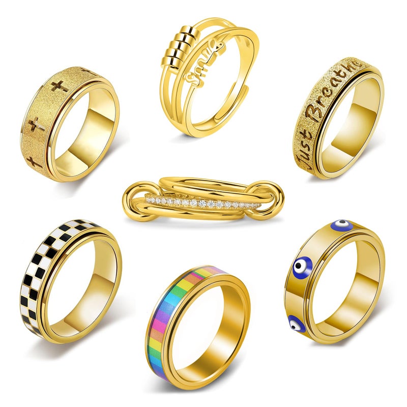 LOFITOR Gold Fidget Rings for Anxiety 7pcs Stainless Steel Spinner Ring Anti Anxiety Ring Spinning Interlocking Cool Stress Relieveing CZ Fold Rings for Women Men Band Rings Set Pattern Size 7 - Image 1
