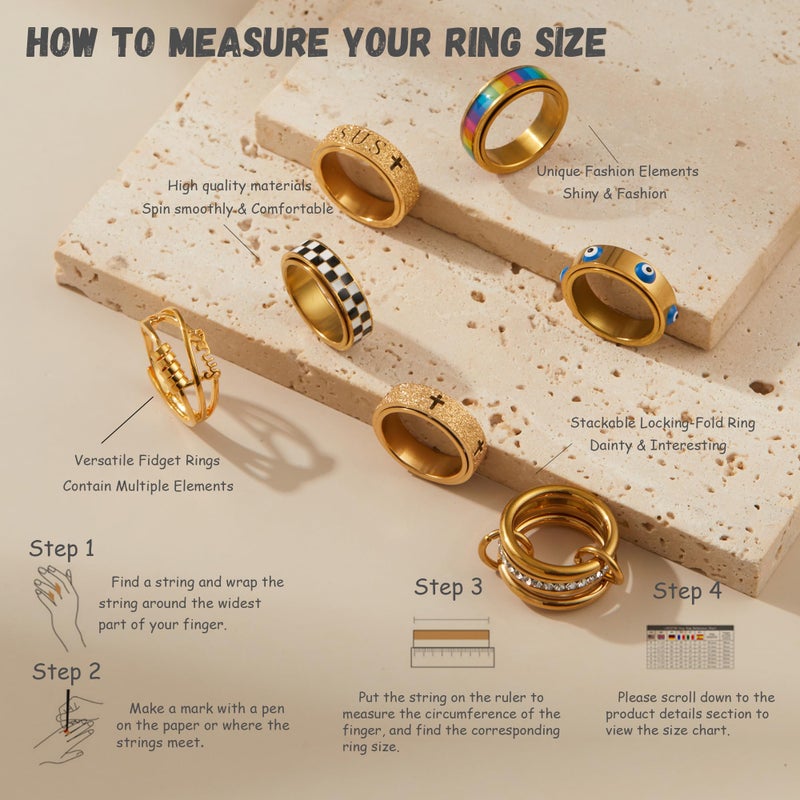 LOFITOR Gold Fidget Rings for Anxiety 7pcs Stainless Steel Spinner Ring Anti Anxiety Ring Spinning Interlocking Cool Stress Relieveing CZ Fold Rings for Women Men Band Rings Set Pattern Size 7 - Image 5