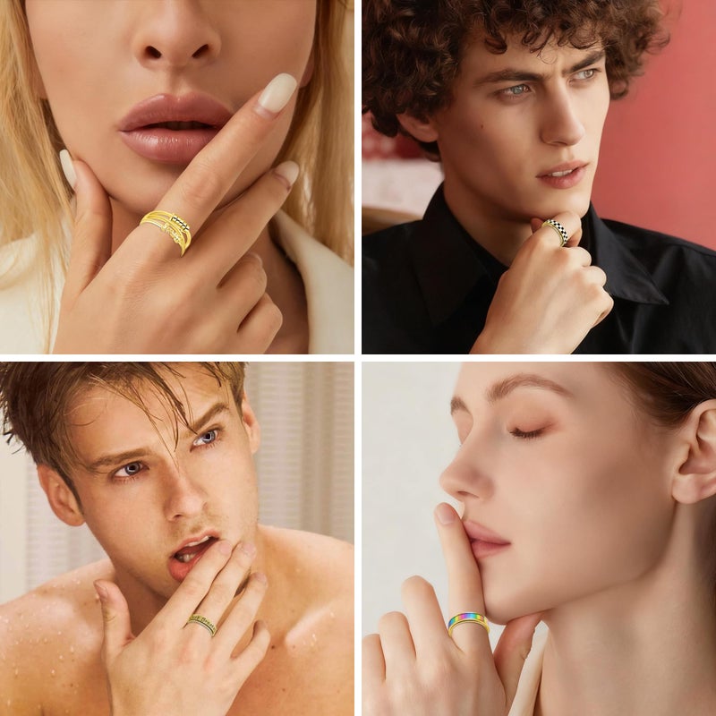 LOFITOR Gold Fidget Rings for Anxiety 7pcs Stainless Steel Spinner Ring Anti Anxiety Ring Spinning Interlocking Cool Stress Relieveing CZ Fold Rings for Women Men Band Rings Set Pattern Size 7 - Image 4