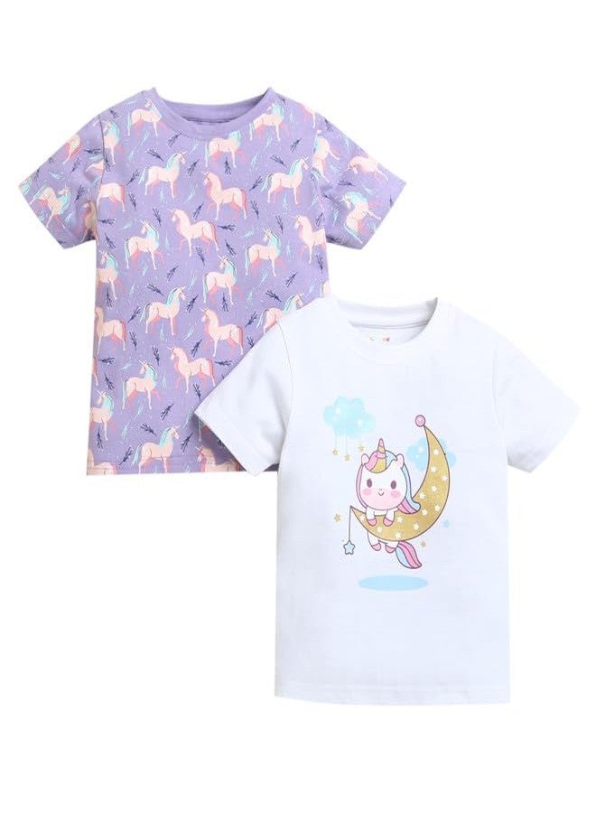 BUMZEE White & Lavender Girls Half Sleeves Cotton T-Shirts Pack of 2 Age - 6-12 Months (Peb9917C-wht.lvd) - Image 1