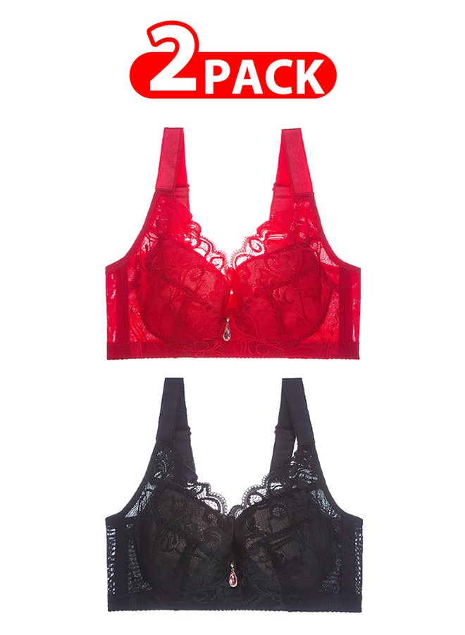 MARGOUN 2 Pack For Women's Large Size Lace Bra Wide Straps Wireless Bralettes with Full Cup Pads Bras for Ladys Women 40/90 Black Red - Image 1