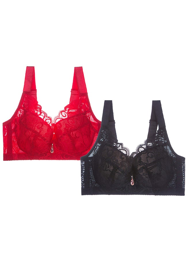 MARGOUN 2 Pack For Women's Large Size Lace Bra Wide Straps Wireless Bralettes with Full Cup Pads Bras for Ladys Women 40/90 Black Red - Image 2