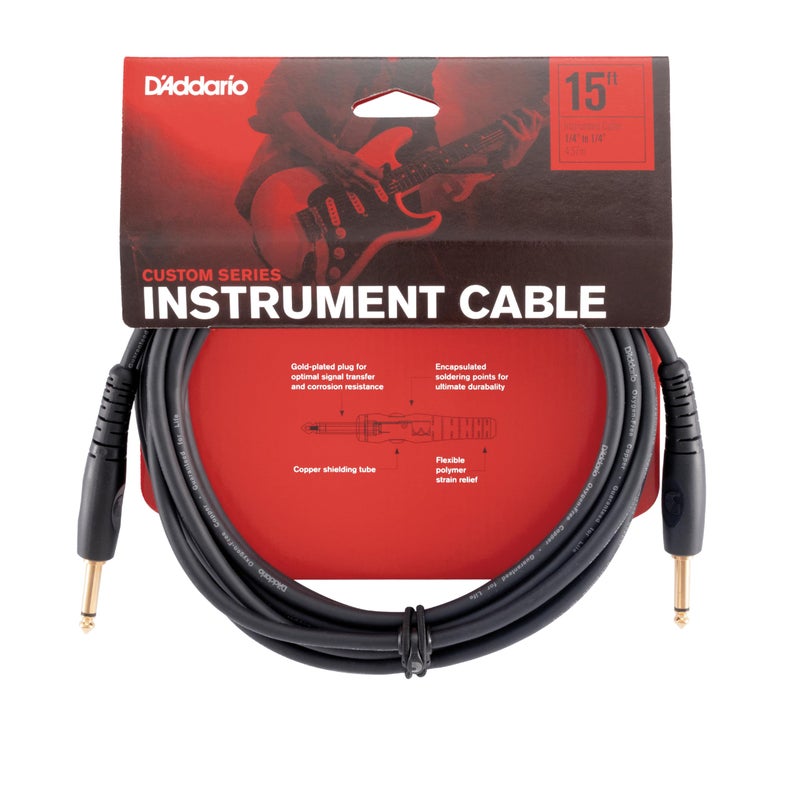 DAddario Accessories Custom Series Guitar Cables Instrument Cable with Inch Ends High Performance Guitar Cord For Guitars Bass Keyboards Mono Straight End 15 feet