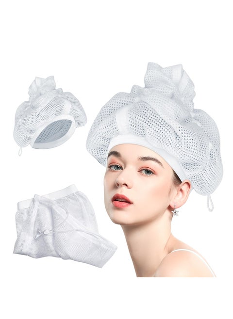 Net Plopping Cap, 2 Pcs Plopping Cap Curly Hair, Net Plopping Cap for Drying Hair Plopping Net with Adjustable Strap, Net Plopping Bonnet, Reusable Diffuser Cap, for Curly Hair Volume, White