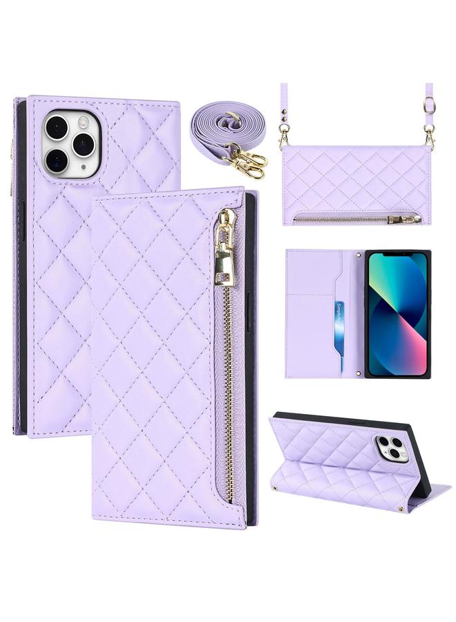 S-TOP Case For iPhone 11 Pro Grid Texture Lanyard Zipper Leather Phone Case - Image 1