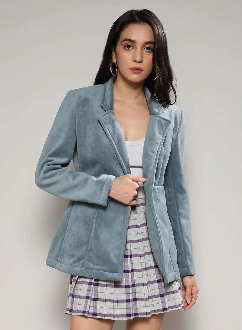 Campus Sutra Women's Prussian Blue Structured Single-Breasted Blazer For Casual Wear | Lapel Collar  | Long Sleeve | Button Closure | Velvet Blazer Crafted With Comfort Fit For Everyday Wear
