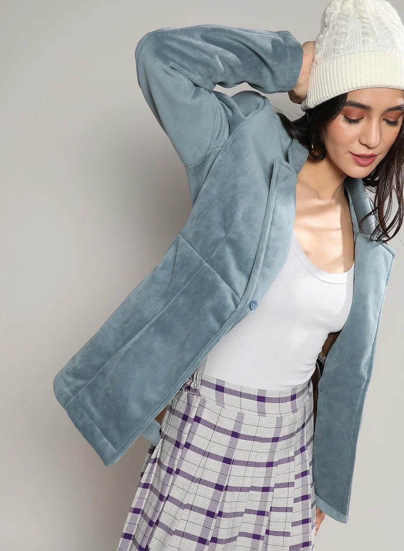 Campus Sutra Women's Prussian Blue Structured Single-Breasted Blazer For Casual Wear | Lapel Collar  | Long Sleeve | Button Closure | Velvet Blazer Crafted With Comfort Fit For Everyday Wear