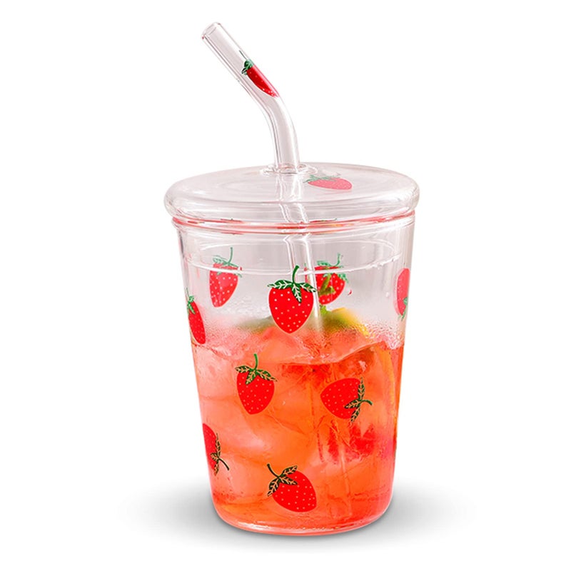Agatige Agatige 300ml Glass Water Cup with Straw and Lid Cute Strawberry Mug Glass Milk Bottle Water Juice Smoothie Drinking Cup for Home Office School