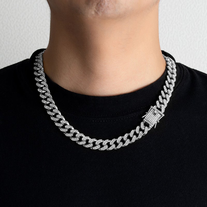 13mm Cuban Link Chain Necklace Alloy Full Diamond - Image 3