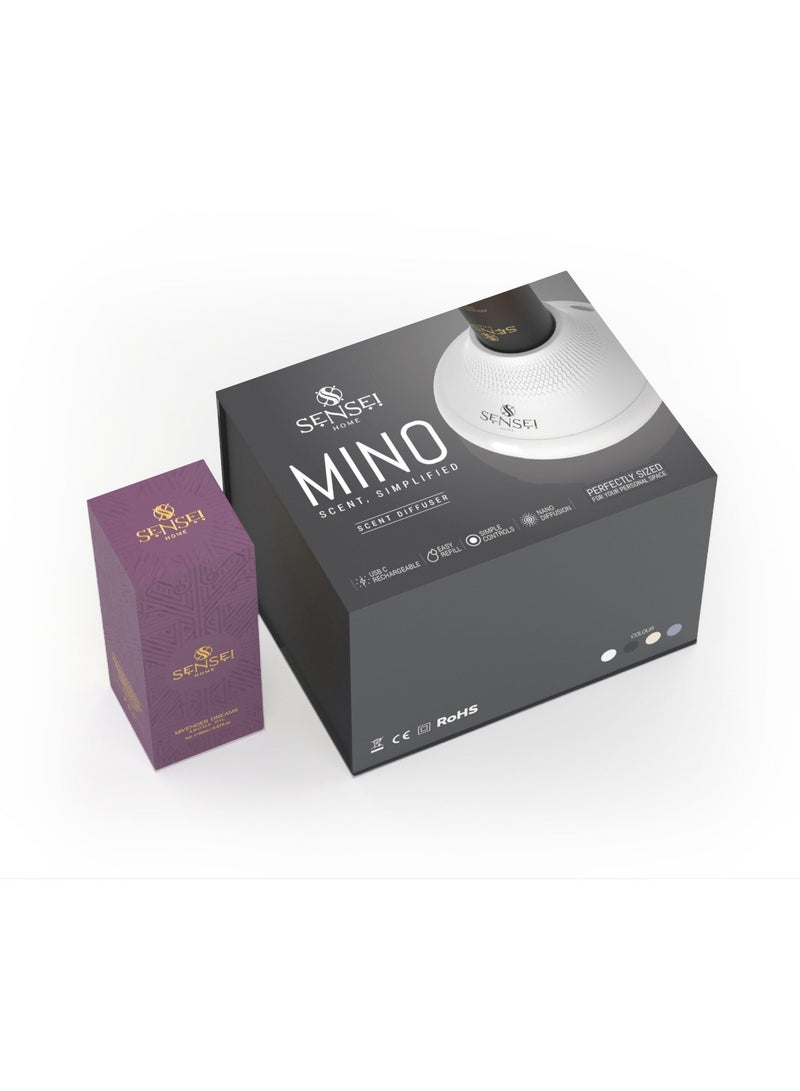 SENSEI Mino Diffuser and Diffuser Oil (Lavender Dreams), tabletop aroma diffuser for room, desk, office and reception. Comes with free Lavender Dreams oil included. Notes of lavender, rose and coconut milk. - Image 2