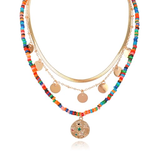 IDEAJOY Multilayered Colorful Beaded Necklace for Women with Metal Pendant and Dangling Disc Bohemian Layered Gold Snake Chain Natural Stone Choker Necklace Adjustable Boho Party Summer Jewelry Gift for Her - Image 1