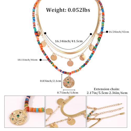 IDEAJOY Multilayered Colorful Beaded Necklace for Women with Metal Pendant and Dangling Disc Bohemian Layered Gold Snake Chain Natural Stone Choker Necklace Adjustable Boho Party Summer Jewelry Gift for Her - Image 2