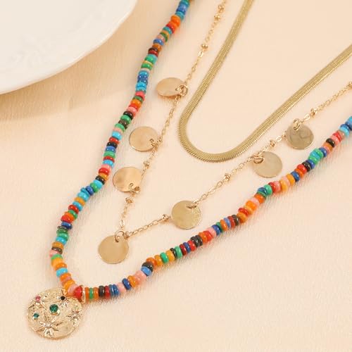 IDEAJOY Multilayered Colorful Beaded Necklace for Women with Metal Pendant and Dangling Disc Bohemian Layered Gold Snake Chain Natural Stone Choker Necklace Adjustable Boho Party Summer Jewelry Gift for Her - Image 3
