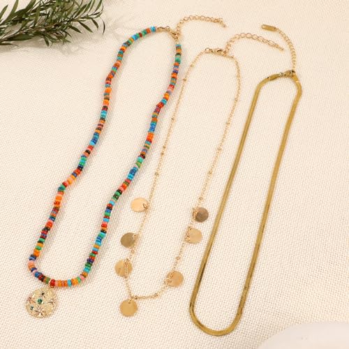 IDEAJOY Multilayered Colorful Beaded Necklace for Women with Metal Pendant and Dangling Disc Bohemian Layered Gold Snake Chain Natural Stone Choker Necklace Adjustable Boho Party Summer Jewelry Gift for Her - Image 5
