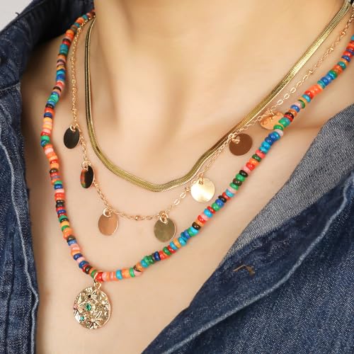 IDEAJOY Multilayered Colorful Beaded Necklace for Women with Metal Pendant and Dangling Disc Bohemian Layered Gold Snake Chain Natural Stone Choker Necklace Adjustable Boho Party Summer Jewelry Gift for Her - Image 4