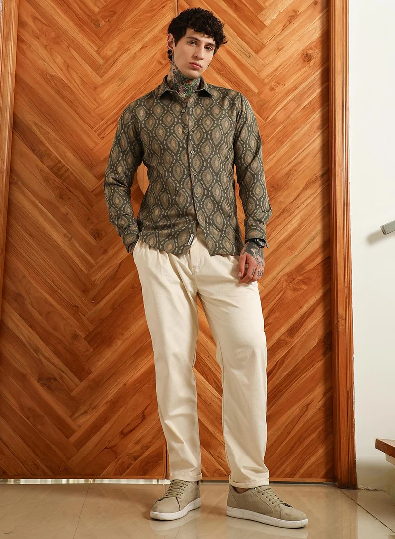Campus Sutra Men's Olive Green Geometric Patterned Cotton Blend Full Sleeve Shirt