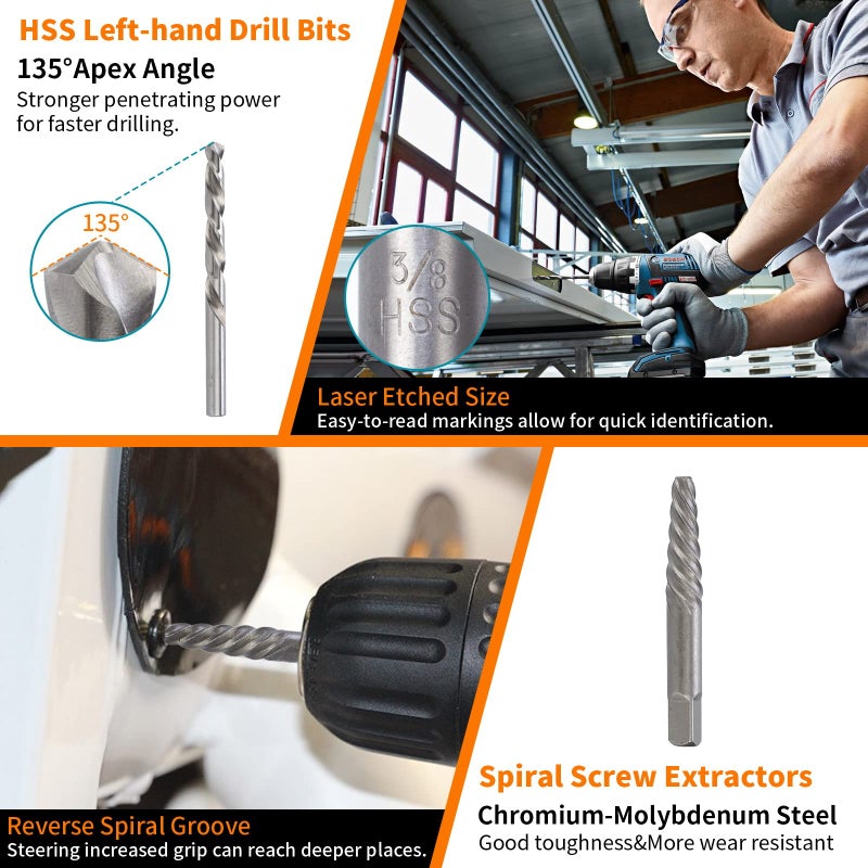 REBRA Screw&Bolt Extractor Set and Left-Hand Drill Bit Set, with Hex Adapter, Easy Out Stripped Screw Remover Socket Set Tool for Stripped, Damaged, Rounded-Off, Rusted Bolts, Nuts&Screws 26-Pieces - Image 5