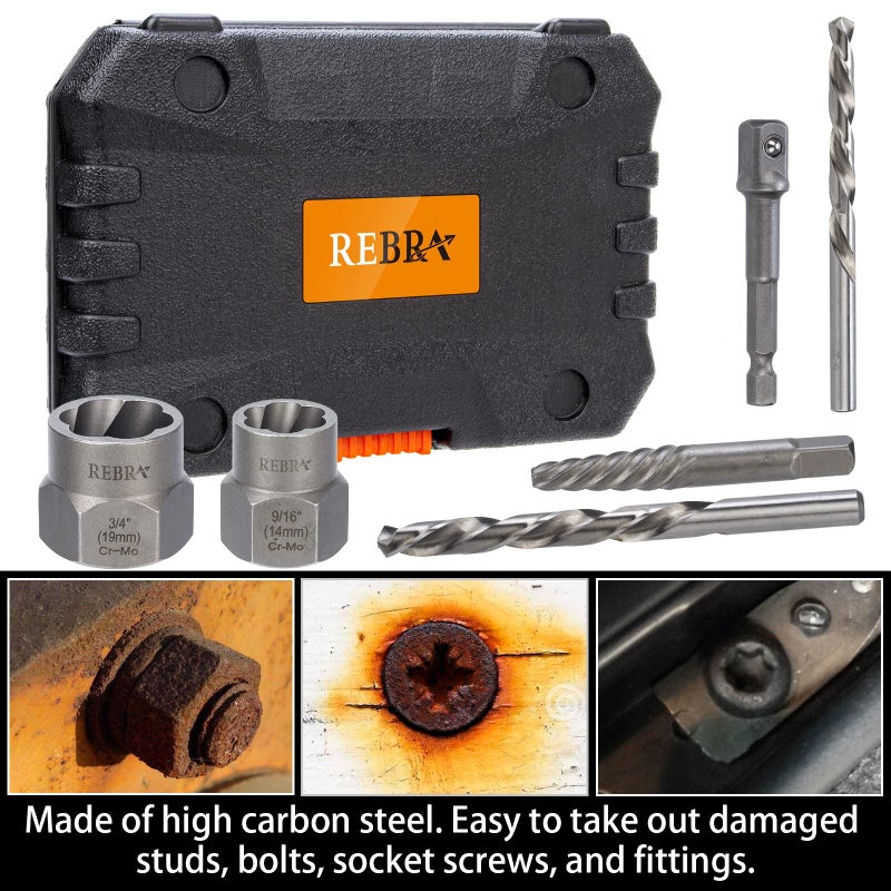REBRA Screw&Bolt Extractor Set and Left-Hand Drill Bit Set, with Hex Adapter, Easy Out Stripped Screw Remover Socket Set Tool for Stripped, Damaged, Rounded-Off, Rusted Bolts, Nuts&Screws 26-Pieces - Image 3