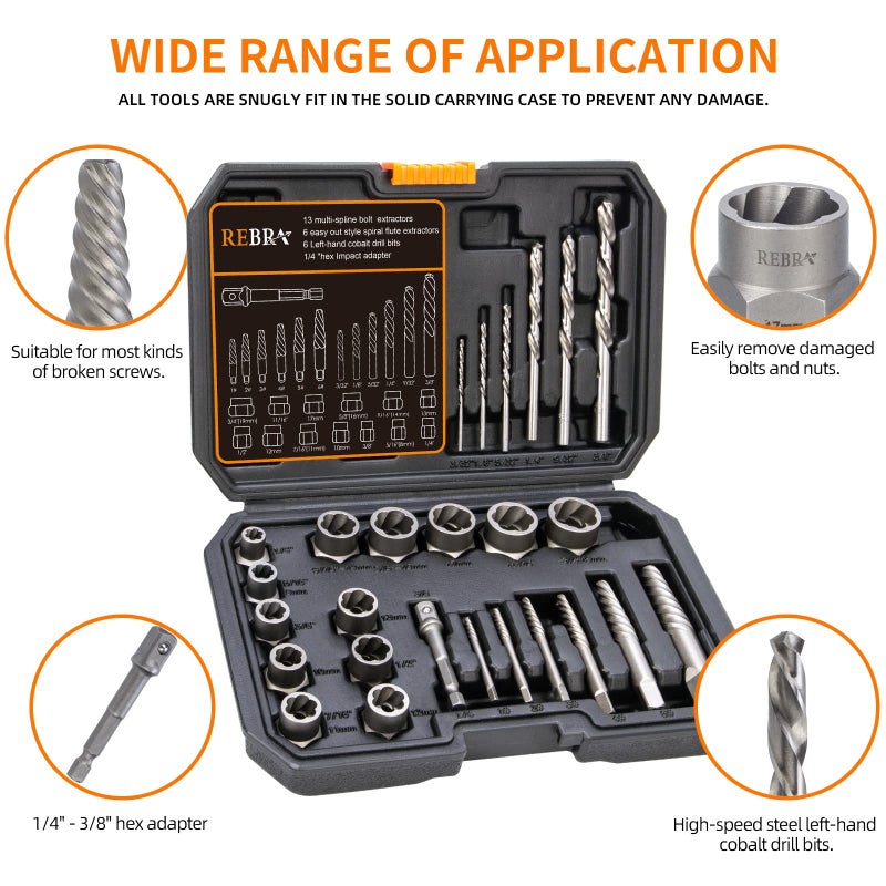 REBRA Screw&Bolt Extractor Set and Left-Hand Drill Bit Set, with Hex Adapter, Easy Out Stripped Screw Remover Socket Set Tool for Stripped, Damaged, Rounded-Off, Rusted Bolts, Nuts&Screws 26-Pieces - Image 4
