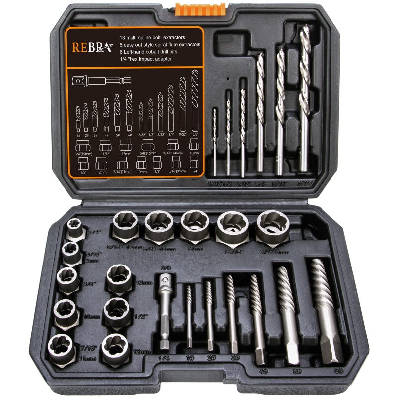 REBRA Screw&Bolt Extractor Set and Left-Hand Drill Bit Set, with Hex Adapter, Easy Out Stripped Screw Remover Socket Set Tool for Stripped, Damaged, Rounded-Off, Rusted Bolts, Nuts&Screws 26-Pieces - Image 1