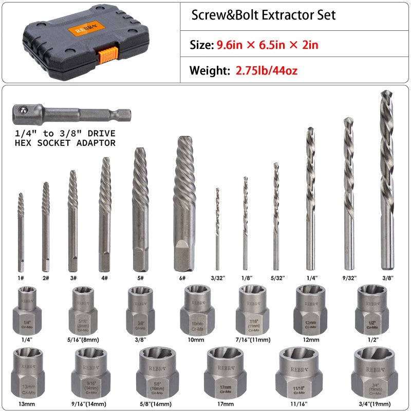 REBRA Screw&Bolt Extractor Set and Left-Hand Drill Bit Set, with Hex Adapter, Easy Out Stripped Screw Remover Socket Set Tool for Stripped, Damaged, Rounded-Off, Rusted Bolts, Nuts&Screws 26-Pieces - Image 2