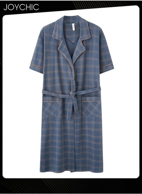 Classic Lattice Pattern Men's Pure Cotton Pajamas Youth Short-sleeved All-in-one Loose Breathable Sleep Robe with Adjustbale Belt for Spring and Summer Autumn Blue