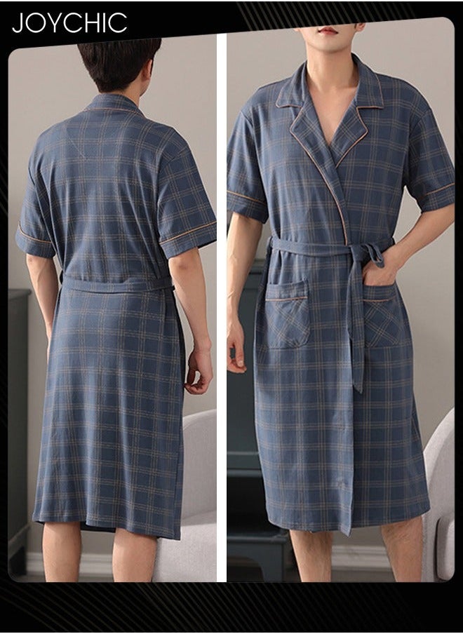 NIBEMINENT Classic Lattice Pattern Men's Pure Cotton Pajamas Youth Short-sleeved All-in-one Loose Breathable Sleep Robe with Adjustbale Belt for Spring and Summer Autumn Blue  - Image 4