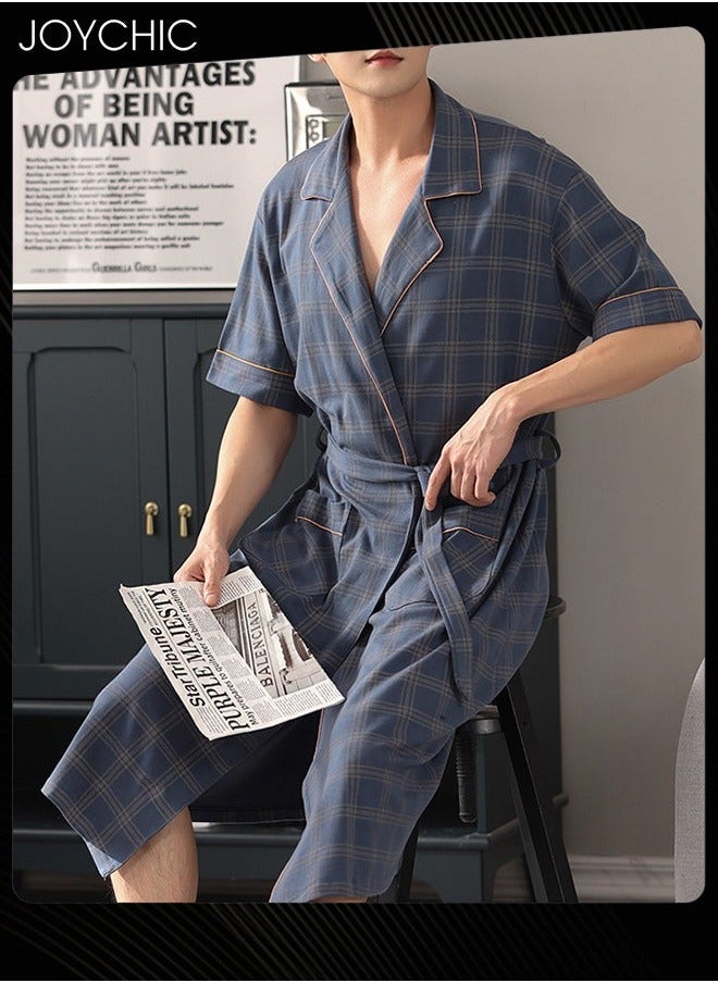 NIBEMINENT Classic Lattice Pattern Men's Pure Cotton Pajamas Youth Short-sleeved All-in-one Loose Breathable Sleep Robe with Adjustbale Belt for Spring and Summer Autumn Blue  - Image 3