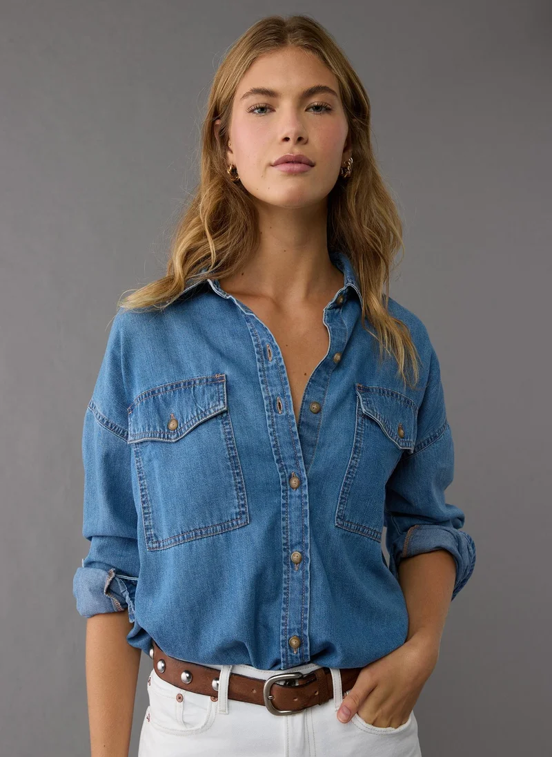 American Eagle Dreamy Drape Denim Perfect Button-Up Shirt