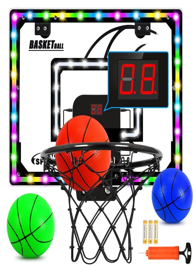 AOKESI Mini Basketball Hoop Indoor with Scorer and Batteries|Inside Basketball Hoop Over The Door with Colorful LED Lighting|Toy Basketball Gifts for Boys Girls Teens Adults, Black - Image 1