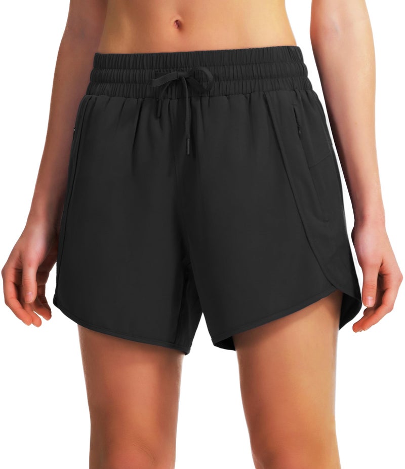 Ksmien Women's 5"/ 7" Athletic Running Shorts Quick Dry Lightweight Workout Gym Shorts with Zipper Pockets UPF 50+ Black - Image 4