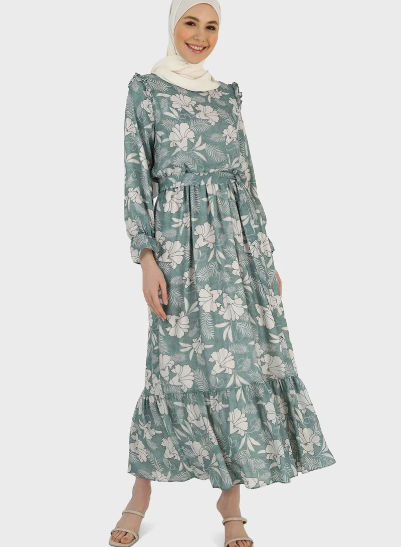 Refka by modanisa Floral Print Tiered Dress