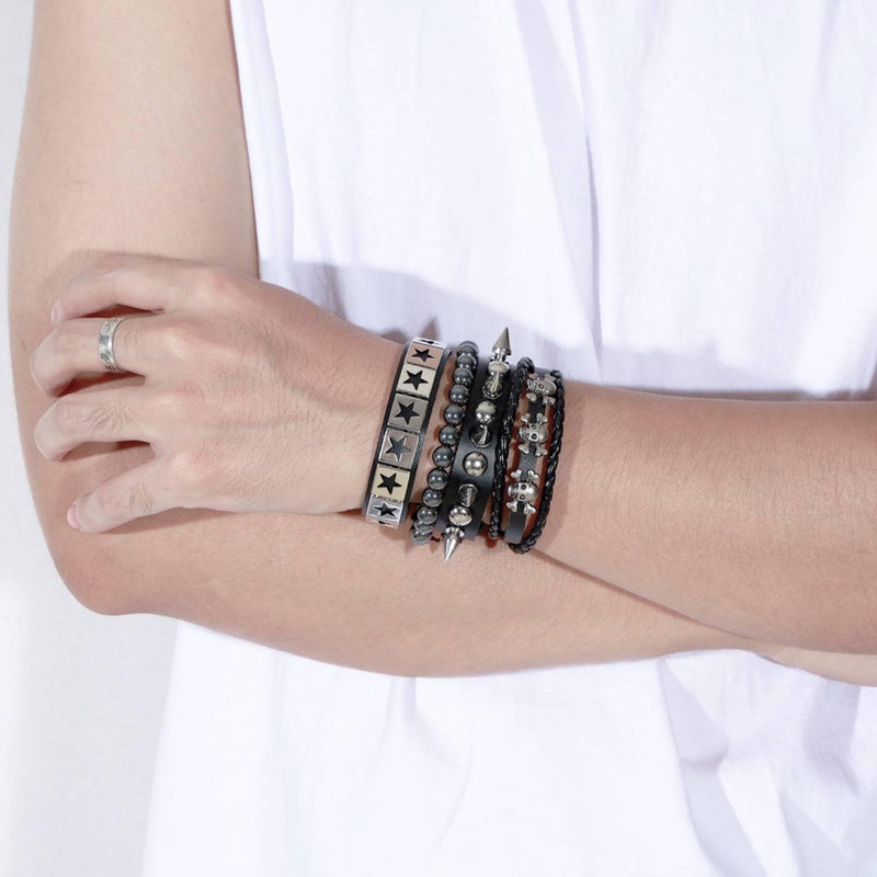 MILAKOO 4Pcs Punk Bracelets for Women Men Spiked Studded Wristband Gothic Skull Stone Beads Cuff - Image 2