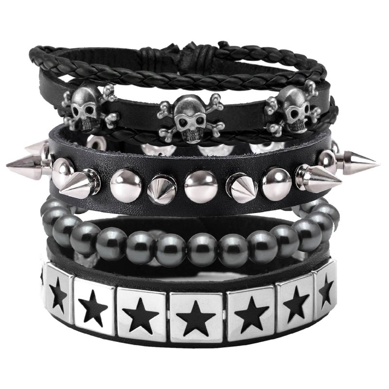 MILAKOO 4Pcs Punk Bracelets for Women Men Spiked Studded Wristband Gothic Skull Stone Beads Cuff - Image 1