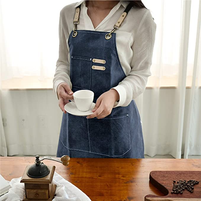 Priti - Chef Apron, Cotton Canvas Cross Back Adjustable Apron with Pockets for Women and Men, Kitchen Cooking Baking Bib Apron, Adjustable Strap and Large Pockets,Canvas, M-XXL- Navy Blue - Image 2