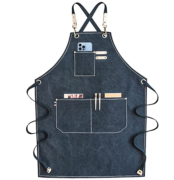 Priti - Chef Apron, Cotton Canvas Cross Back Adjustable Apron with Pockets for Women and Men, Kitchen Cooking Baking Bib Apron, Adjustable Strap and Large Pockets,Canvas, M-XXL- Navy Blue - Image 1