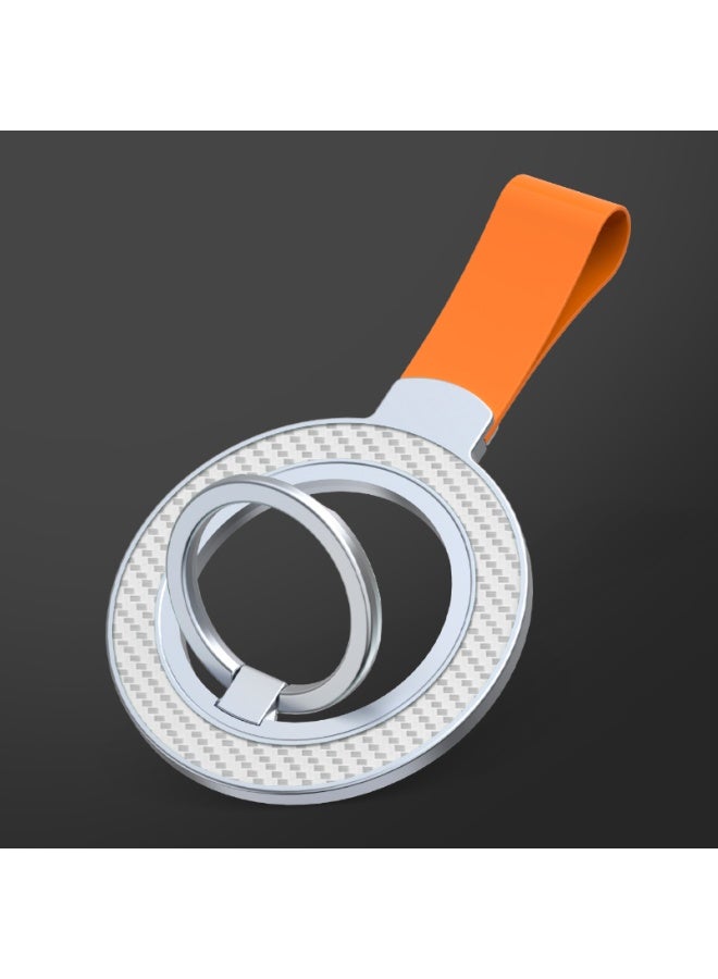 Silver White Carbon fiber Pattern Double-sided Magnet Phone Ring Holder Stand Grip Kickstand with Orange Strap, Two-sided Magnetic Phone Ring Finger Stand Mount Grip Holder with Orange Strap, Dual-sided Magnetic Magsafe Compatible with iphone Huawei Samsung Smart Phones Work Study Gym Fitness Workout - Image 1