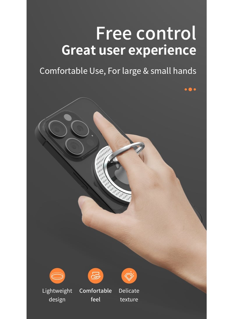 Silver White Carbon fiber Pattern Double-sided Magnet Phone Ring Holder Stand Grip Kickstand with Orange Strap, Two-sided Magnetic Phone Ring Finger Stand Mount Grip Holder with Orange Strap, Dual-sided Magnetic Magsafe Compatible with iphone Huawei Samsung Smart Phones Work Study Gym Fitness Workout - Image 3