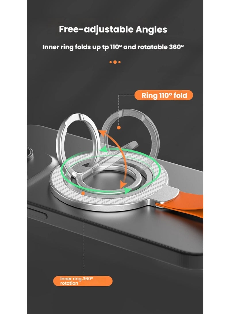 Silver White Carbon fiber Pattern Double-sided Magnet Phone Ring Holder Stand Grip Kickstand with Orange Strap, Two-sided Magnetic Phone Ring Finger Stand Mount Grip Holder with Orange Strap, Dual-sided Magnetic Magsafe Compatible with iphone Huawei Samsung Smart Phones Work Study Gym Fitness Workout - Image 4
