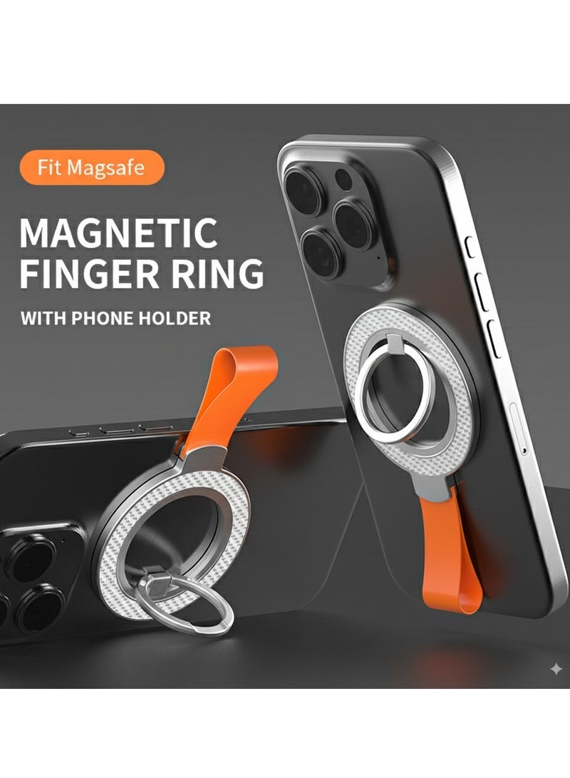 Silver White Carbon fiber Pattern Double-sided Magnet Phone Ring Holder Stand Grip Kickstand with Orange Strap, Two-sided Magnetic Phone Ring Finger Stand Mount Grip Holder with Orange Strap, Dual-sided Magnetic Magsafe Compatible with iphone Huawei Samsung Smart Phones Work Study Gym Fitness Workout - Image 2