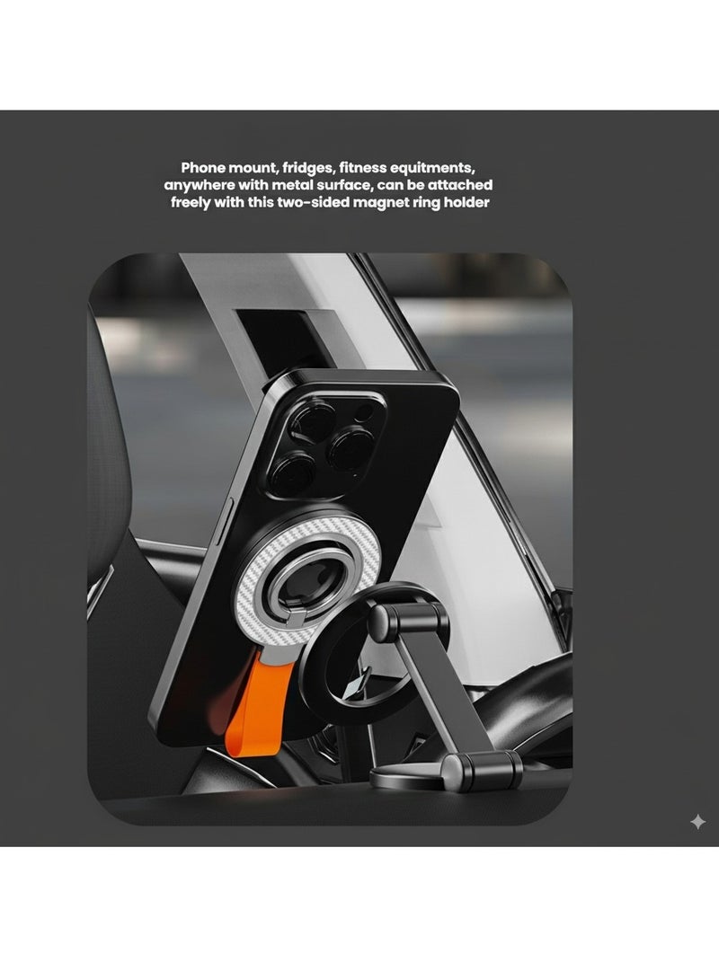 Silver White Carbon fiber Pattern Double-sided Magnet Phone Ring Holder Stand Grip Kickstand with Orange Strap, Two-sided Magnetic Phone Ring Finger Stand Mount Grip Holder with Orange Strap, Dual-sided Magnetic Magsafe Compatible with iphone Huawei Samsung Smart Phones Work Study Gym Fitness Workout - Image 5