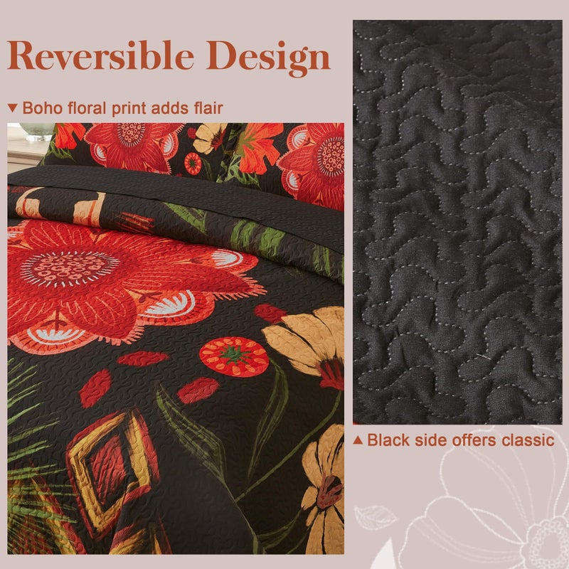 Tyrot Tyrot 3 Piece Black Boho Floral King Size Quilt Sets Farmhouse Botanical Reversible Lightweight Bedspread Coverlet with 2 Shams Mid Century Microfiber Bedding Quilts Set for All Season  106''x96''  - Image 3
