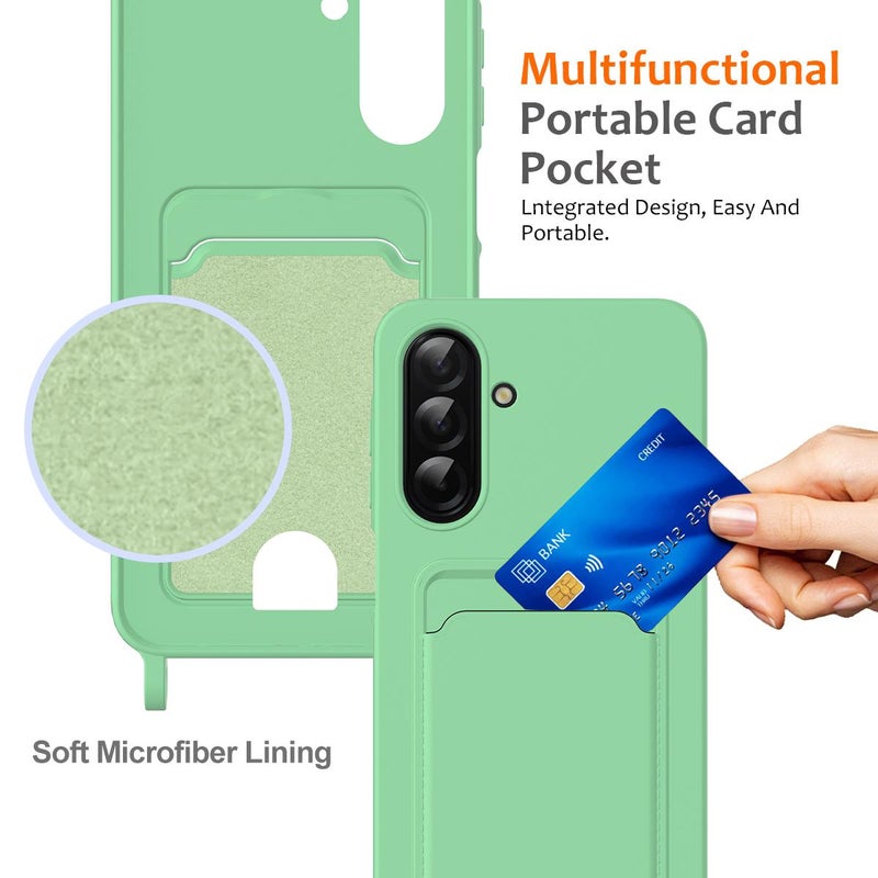 erorex For Samsung Galaxy A36 / A56 5G Integrated Card Bag Solid Color Liquid Silicone Phone Case with Lanyard(Green) - Image 3