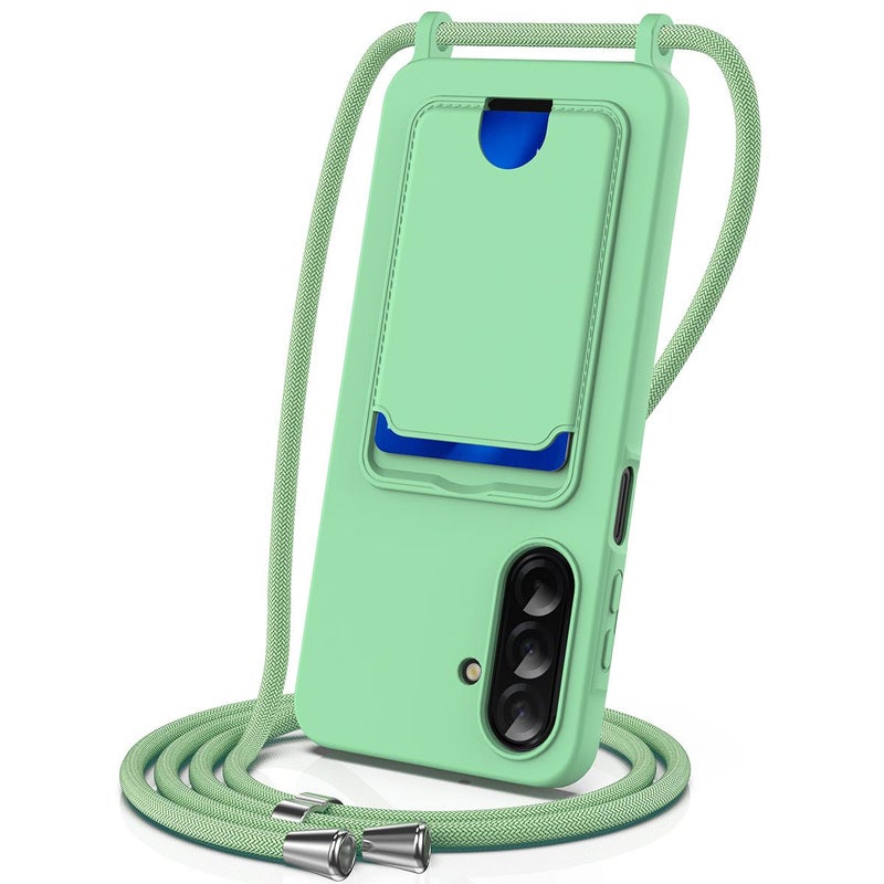 erorex For Samsung Galaxy A36 / A56 5G Integrated Card Bag Solid Color Liquid Silicone Phone Case with Lanyard(Green) - Image 1